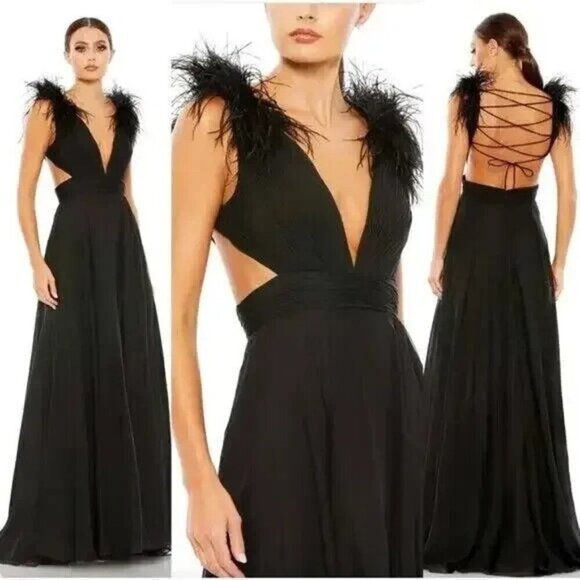 Mac Duggal 68113 Black Maxi Dress Plunge Neck Ostrich Feather Open Back Size 6 - Picture 1 of 6